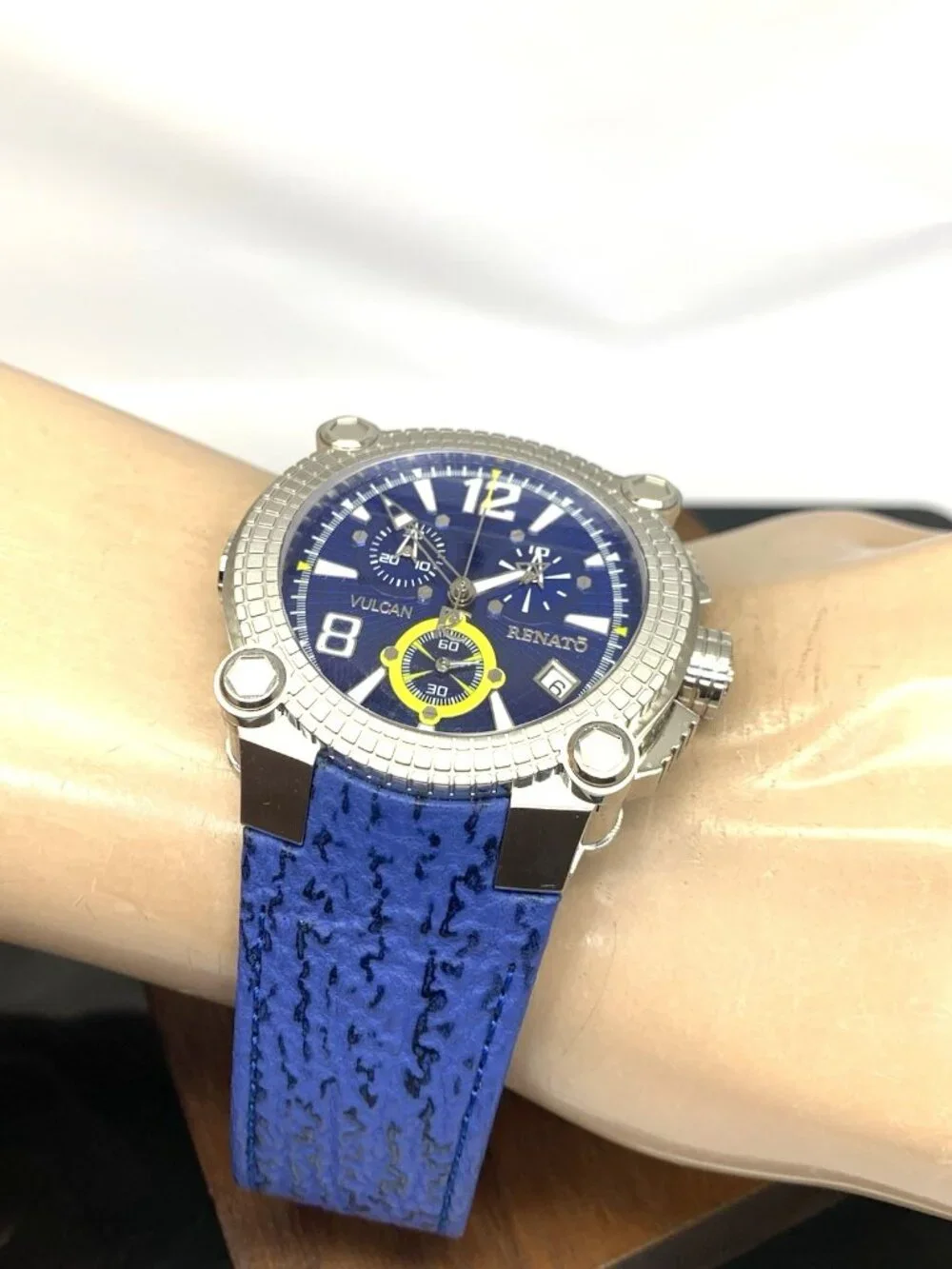 Renato Vulcan Men's Watch Swiss Quartz Chronograph Blue Dial Leather Strap 46mm